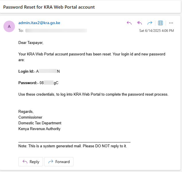 password reset email