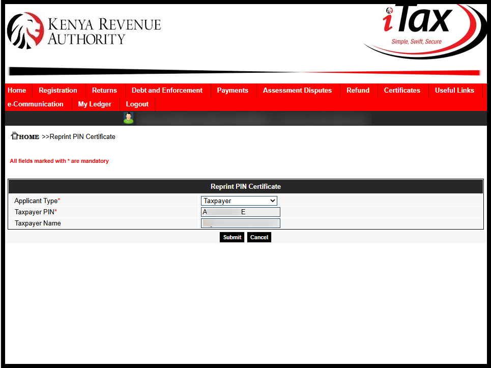 Next, in this step you are to select the applicant type, either the taxpayer or agent. Since it’s a taxpayer who is downloading the KRA PIN Certificate, choosing taxpayer as applicant type is the most recommended selection. Click on the “Submit” button.