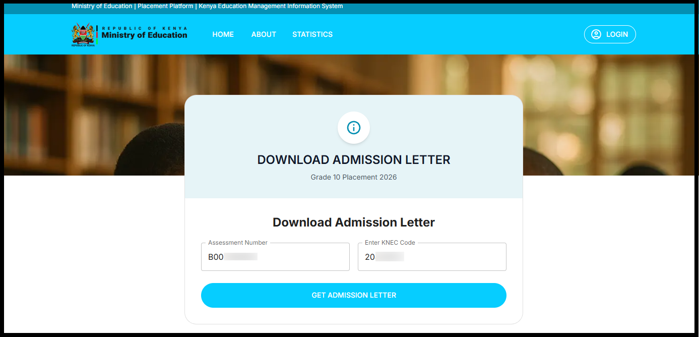 Next, enter the KNEC School Code for the school or examination centre where the learner was registered. This code is used by the system to verify the learner’s registration and placement details.