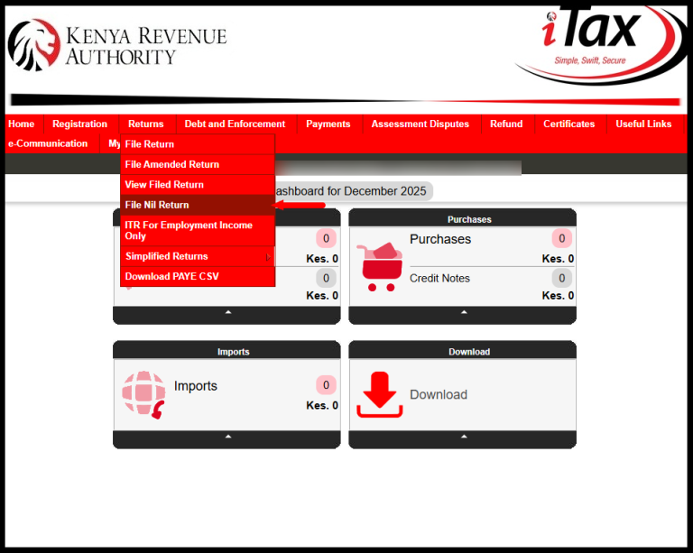 After logging in to iTax (KRA Portal), go to the “Returns” menu and select “File KRA Nil Returns” from the dropdown list.
