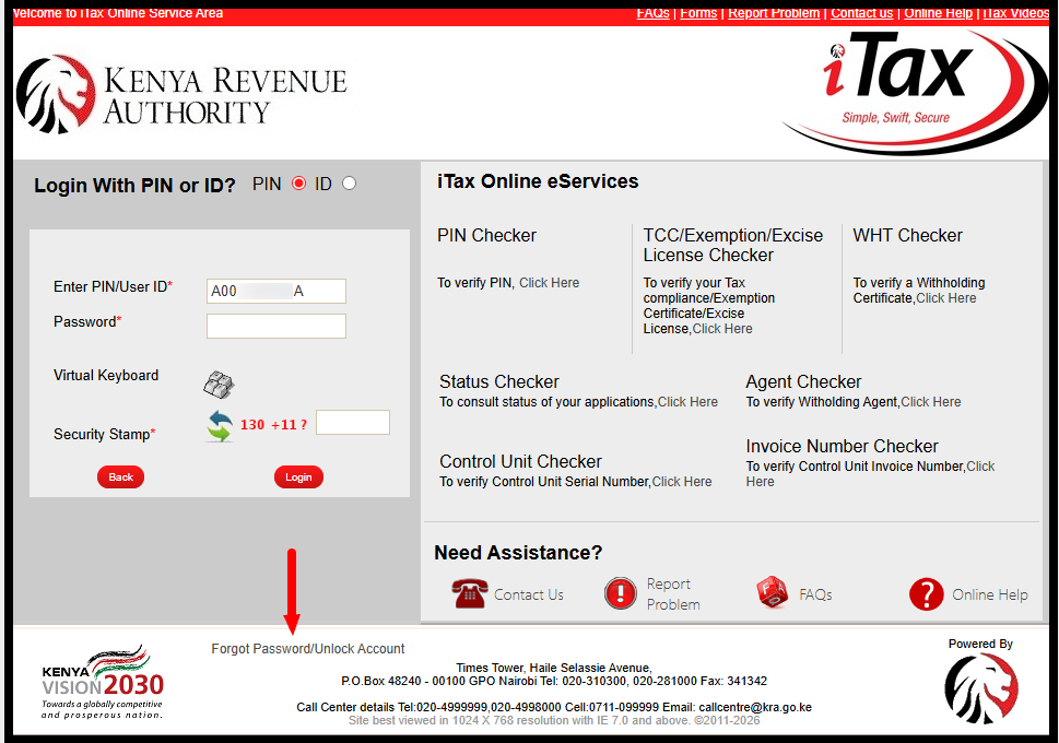 Next, enter your KRA PIN number or National ID number, click “Continue,” and then select the “Forgot Password/Unlock Account” link to start the KRA password reset process.