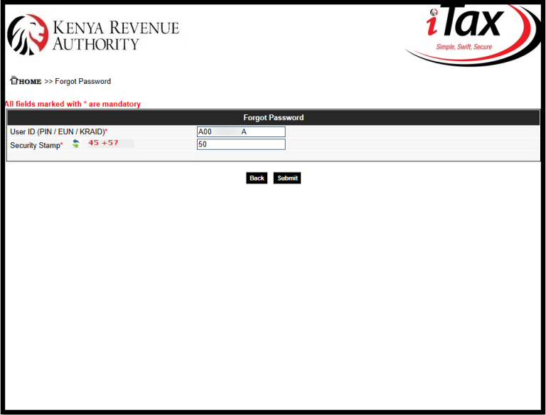 In this step, complete the Forgot iTax Password online request form by entering the required details. Solve the arithmetic question (security stamp) and then click the “Submit” button to proceed. Your password has been mailed to you – now check your email address for the iTax Password Reset Email. 