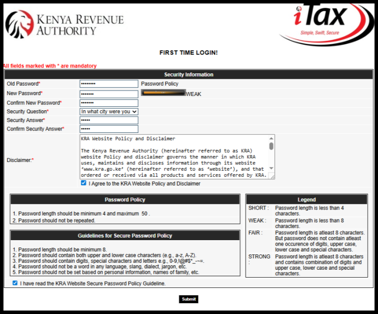 The final and most crucial step in changing your iTax password is setting up a new password for your account. At this stage, you will need to provide several details, including your Old Password (the temporary password sent to your email), New Password (the password you want to use for accessing the KRA Portal) and Confirm New Password (to verify your new password).