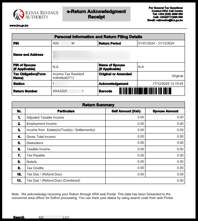Simply click the “Download KRA Returns Receipt” link to save or print a copy for your records. This marks the successful completion of filing KRA Returns for Students.
