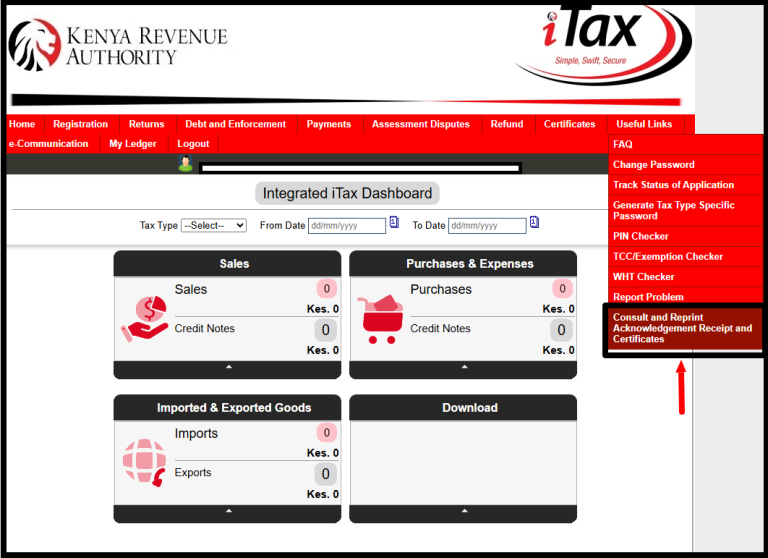 Once you are logged into iTax, on the right hand side – click on “Useful Links” then click on “Consult and Reprint Acknowledgement Receipt and Certificate” from the drop-down menu list.