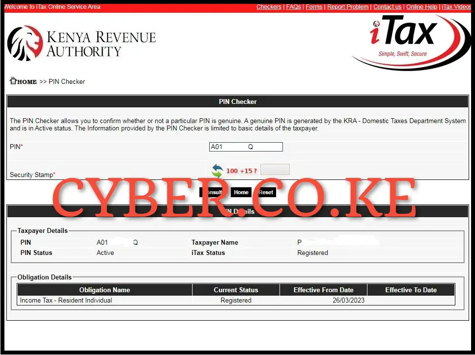 KRA PIN Checker Taxpayer Details