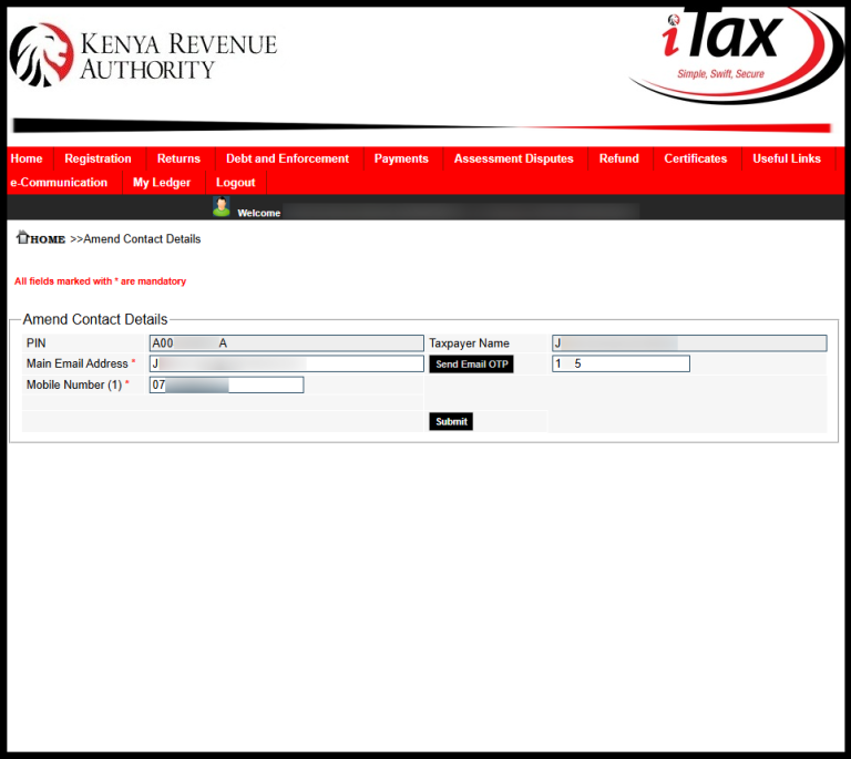 Next, click on the “Send Email OTP” button to receive the OTP verification code from Kenya Revnue Authority (KRA). Check your inbox for the 4 digit KRA OTP code.