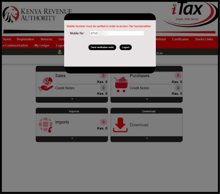 Once logged into iTax, you will see the notification “Mobile Number must be verified in order to access iTax functionalities.” At this point, if the mobile number displayed is yours, you can go ahead and click on the “Send Verification Code” button. If you want to add your new mobile number, just delete that mobile number and enter the new one that you want to use on iTax. 