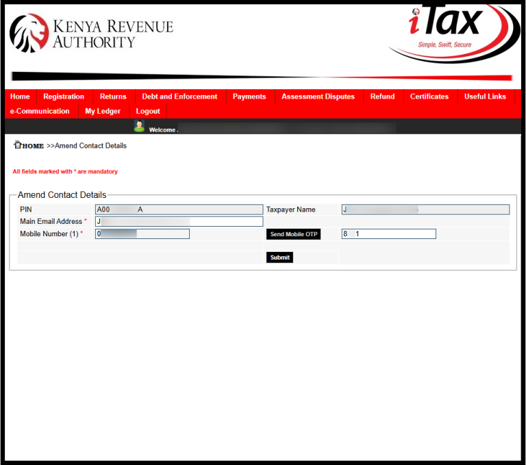 In this step, you need to click on the “Send Mobile OTP” button to receive the OTP verification code from Kenya Revenue Authority (KRA) via SMS.